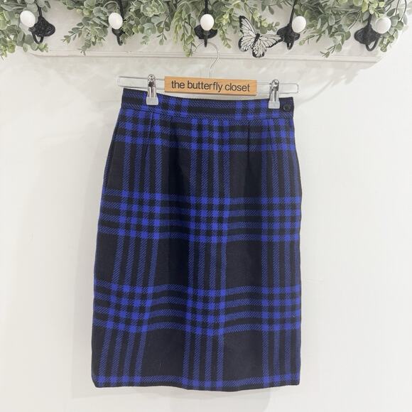 Vintage Valentino Wool Blue Plaid Pencil Skirt Lined Size 6 designer - Picture 1 of 5